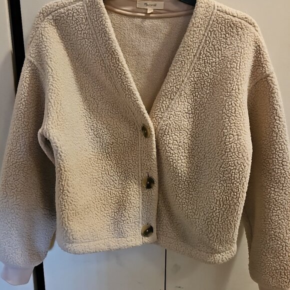 Madewell Cardigan XS Ivory Beige Sherpa Cropped Cozy Warm Lightweight SWEATER - Picture 1 of 7